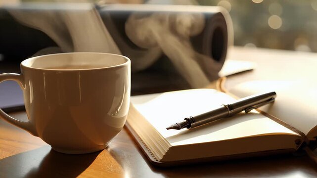 A cup of warm beverage steams over a wooden desk with a notebook and pen, next to a rolled mat