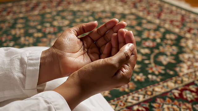 Praying hands in supplication pose, focus on the hands and white attire, on a carpet