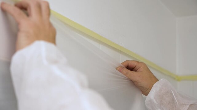 Hands stretch plastic sheet along masking tape to protect tiled wall before painting. Close-up renovation preparation showing careful DIY surface coverage.