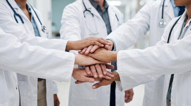 Medical team stacking hands together in unity circle, diverse healthcare professionals in white lab coats showing solidarity