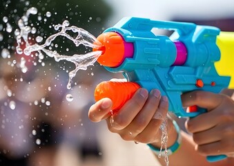 Close-Up of Hands Spraying Water with Colorful Water Gun in Bright Summer Day, Colorful Water Gun Splash in Summer Sunlight