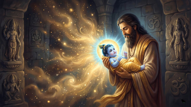 Krishna illustration depicting glowing baby Krishna emitting spiritual energy within dark stone prison walls Wallpaper