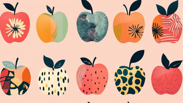 24.Flat vector design of colorful patterned apples, each apple containing abstract motifs like floral, checkered, and wavy designs, creating a lively modern look