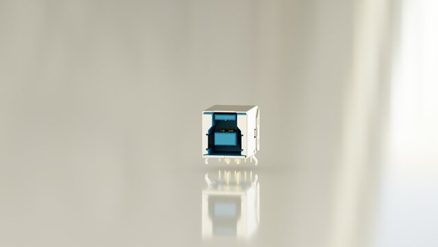 Close-up of a blue USB 3.0 Type B female connector port. Professional high-speed data interface for printers, scanners, and peripheral devices, isolated on white background.