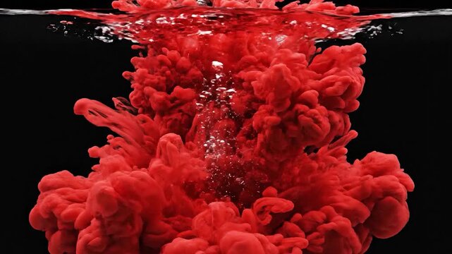 Vibrant red liquid paint dissolving and spreading in clear water.