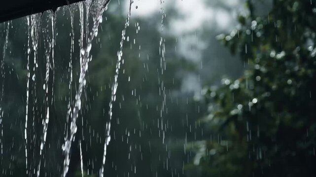 A dense, lush forest canopy with raindrops falling through the leaves