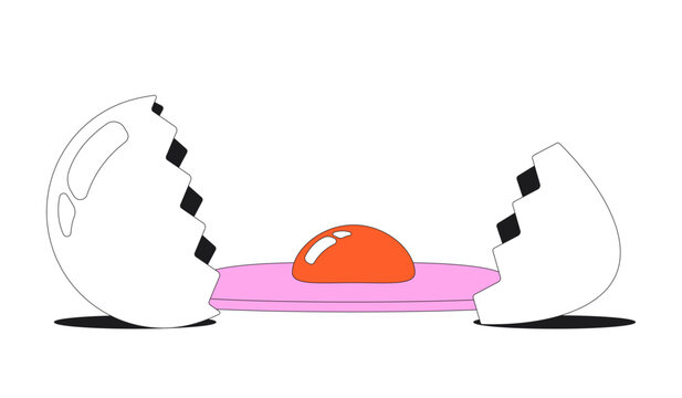 Funky broken egg flash message error illustration. Cracked eggshell split apart with yolk spilled out. UI empty state. Failure web design. Mobile onboarding. Flat vector concept. Micro UX scene