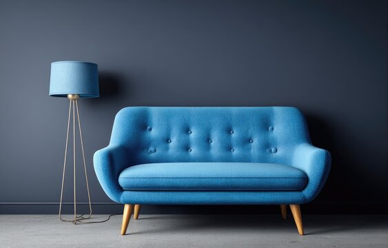 Modern interior design showcasing a blue sofa, lamp, and dark wall