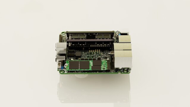 Industrial Mini-ITX embedded motherboard hardware. Professional circuit board with CPU socket, RAM slots, and electronic components for compact computer systems, isolated.