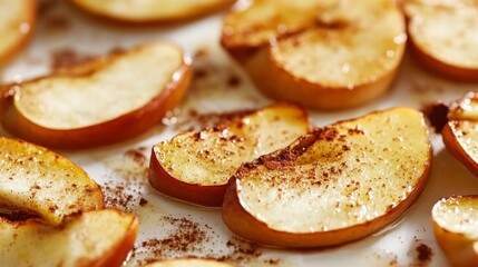 70.High-resolution close-up of golden brown baked apple slices with caramelized edges, resting on a clean white surface with visible cinnamon specks