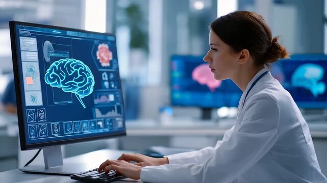 Medical professional analyzing data on a computer screen with multiple faces