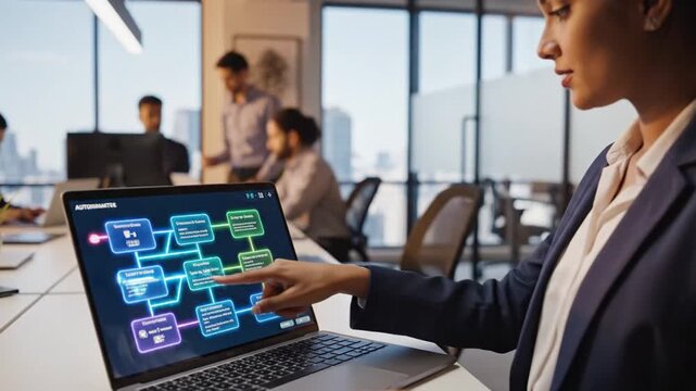 Cinematic slow motion of a professional businessman managing automated workflows and strategic process mapping on a futuristic digital interface for corporate efficiency and tech growth.