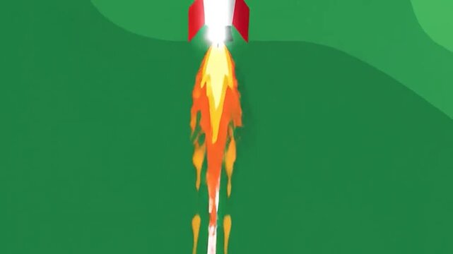 A cartoon et with red fins and a fiery exhaust launches into a green sky