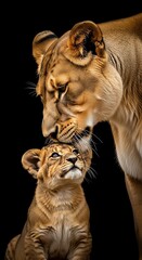 Obraz premium Female lion gently nuzzles her small cub against a stark black background