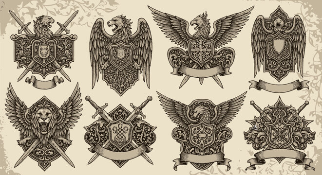 Vintage heraldic emblems with wings and swords on ornate shields