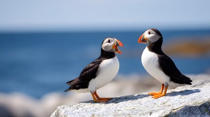 Fototapeta premium two Atlantic puffins standing on a coastal rock