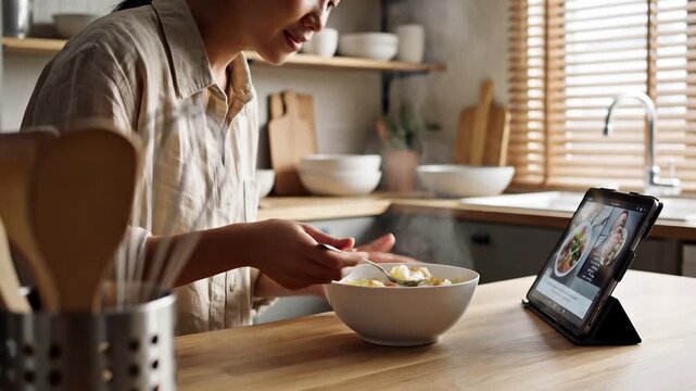 Woman preparing healthy meal in modern kitchen while following online recipe on tablet, home cooking and digital lifestyle concept