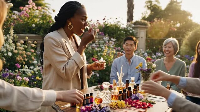 Artisan perfumer conducting an outdoor masterclass workshop for creating bespoke fragrance in cinematic slow motion featuring liquid essence and aromatic ingredient in high definition.