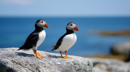 Fototapeta premium two Atlantic puffins standing on a coastal rock