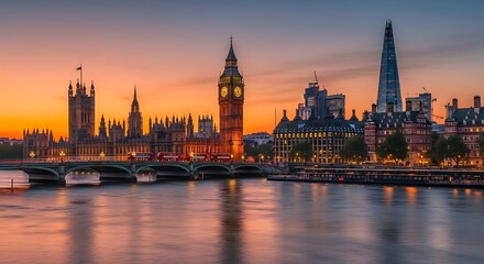 Fototapeta premium Panoramic cityscape view of historic governmental buildings and modern skyscraper across a wide river at twilight