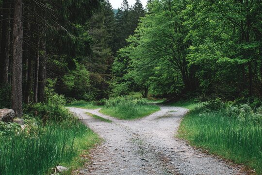 A forest path splits into two directions, surrounded by lush green trees and foliage