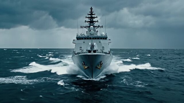 Modern naval warship sailing through rough ocean waters under stormy sky, front view military destroyer at sea