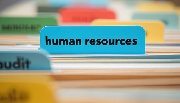 Close-up view of blue tab labeled human resources in office filing cabinet. Other colored file folder tabs visible in background. Organized employee records for staff.