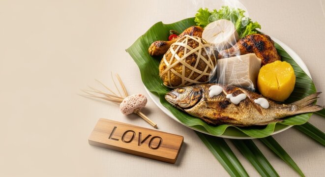 Authentic Fijian Lovo Feast on Banana Leaf with Rising Steam and Warm Beige Copy Space for Headlines