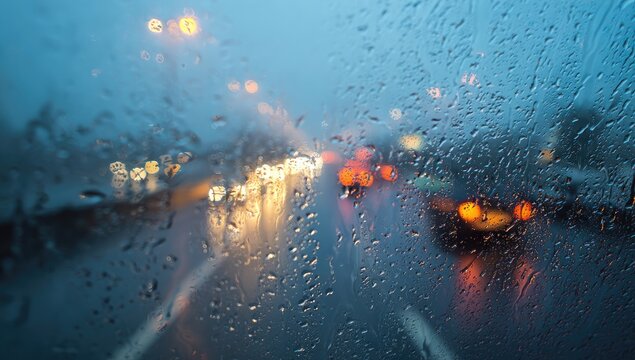 Rainy day highway scene, blurry lights, raindrops on windshield creating a moody, atmospheric visual