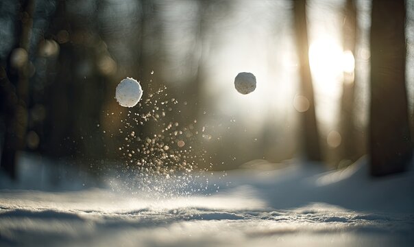 Two snowballs mid-air with sunlit trees in a serene, blurred winter forest setting