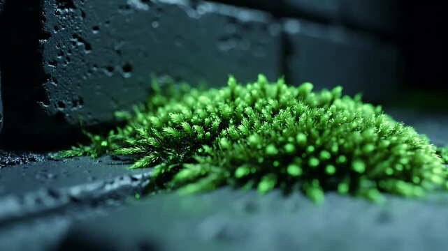 A close-up view of vibrant green moss nestled between dark, textured stone blocks