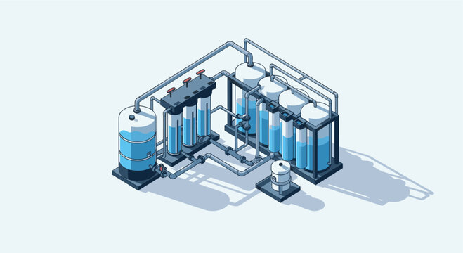 Isometric illustration of a water filtration system with tanks, pipes, and filters, conveying cleanliness, industrial technology, and water treatment solutions on blue background.