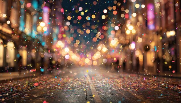 A vibrant street scene illuminated with colorful bokeh lights and scattered confetti, creating a festive and celebratory atmosphere.