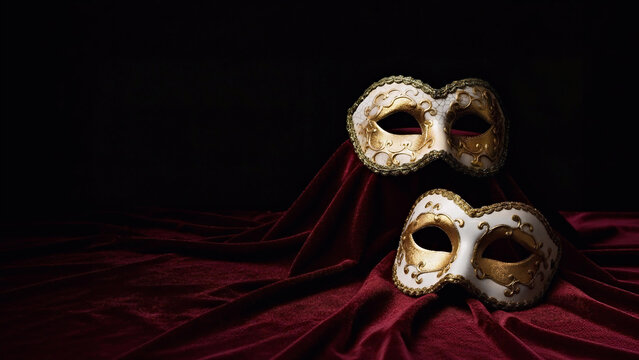 Dramatic composition of ornate golden and white theater masks placed on luxurious red velvet fabric against a dark background. Concept for World Theatre Day celebration, performing arts, drama.