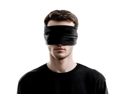 Young man with black blindfold over eyes isolated on transparent or white background, png