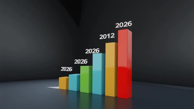 "Stylized 3D bar chart with five vertical bars of varying colors (blue, green, light blue, yellow, red) and labeled years including 2025, 2026, 2012, and repeated 2026. The bars increase in height fro