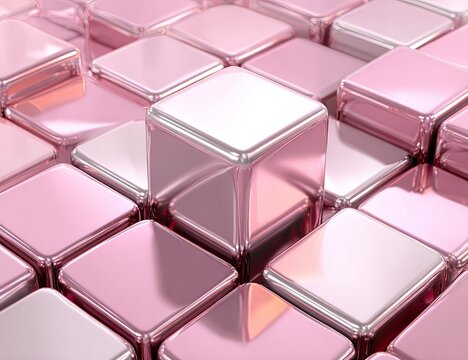 Metallic pink and silver cubes in a grid, with a single cube prominently centered, shiny surface