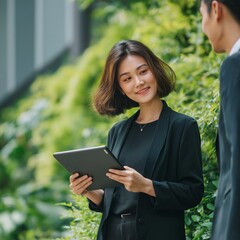 business woman discussing project while holding tablet outdoors.