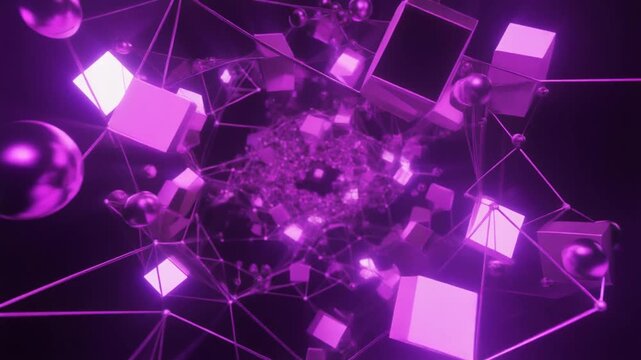 "Digital abstract rendering of interconnected geometric shapes, primarily cubes and spheres, glowing in purple hues. Thin connecting lines form a complex web-like structure in a 3D virtual environment