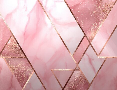 Abstract background featuring pink marble texture and geometric shapes with gold accents