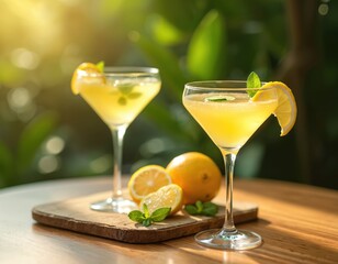 Yellow citrus cocktail in martini glass with lemon slice garnish. Two glasses with drink on table. Fresh lemons mint leaves on wooden board, outdoor setting.