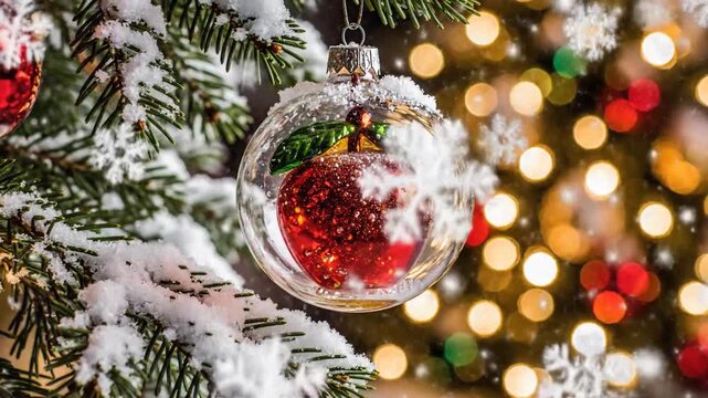 Cinematic festive holiday Christmas ornament featuring a red sugar glassed apple with delicate falling snow in a magical winter scene captured in slow motion detail.