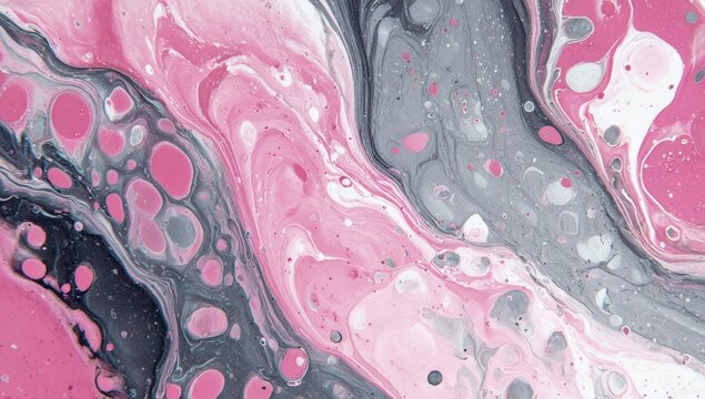 Swirling abstract artwork with shades of pink, white, and gray. Fluid, marbled texture