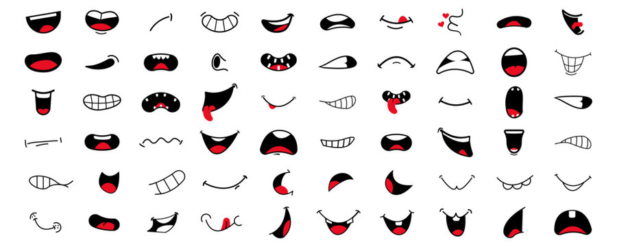 Cartoon Mouth Expressions Pack with Funny Emoji Lips, Smile, Laugh and Talking Shapes. Animation Ready Facial Expressions Vector Set for Games, Apps and Character Design.