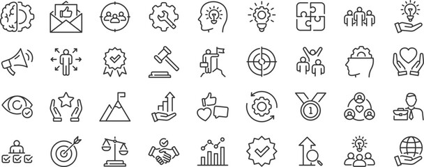 Core Values web icon set. Innovation, integrity, customers, accountability, teamwork, goals, motivation collection. Editable stroke. Vector © Deloara