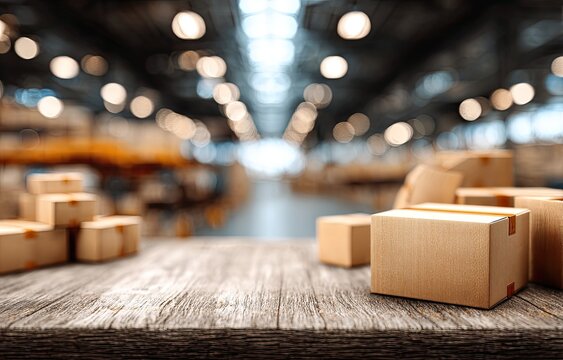 Cardboard boxes sit on a wooden surface with a blurry warehouse interior