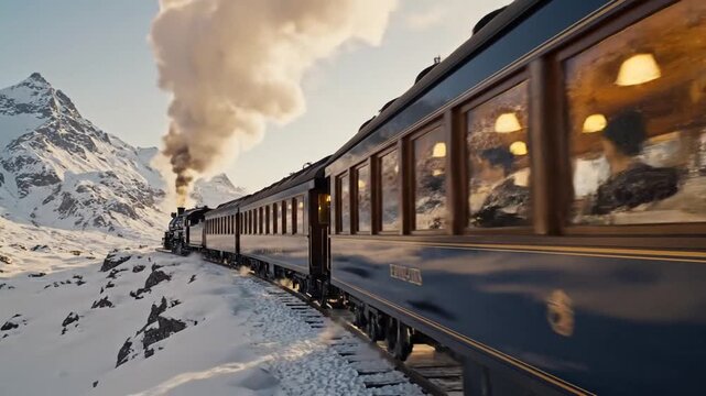 Historic steam engine train journey through timeless countryside inspired by Agatha Christie mystery tales featuring classic locomotive design and dramatic vapor trail in high definition.
