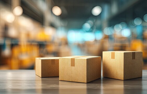 Three cardboard boxes on a reflective surface, blurred background of a warehouse