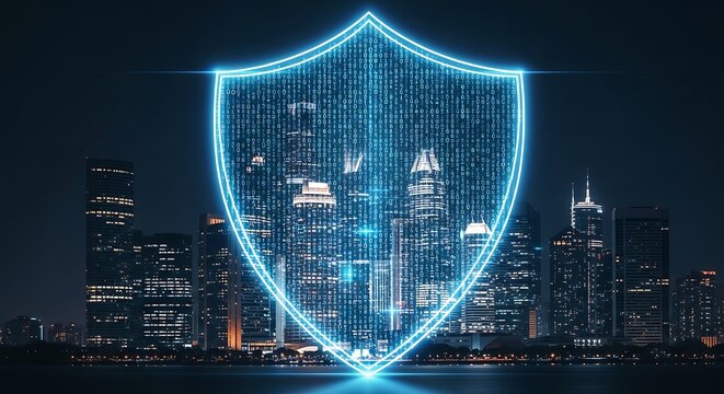 Cyber security shield protecting cityscape at night with glowing blue binary code