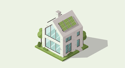 Isometric illustration of a modern house with solar panels, conveying eco-friendly living. Ideal for brochures, websites, and marketing materials related to green energy and sustainability.